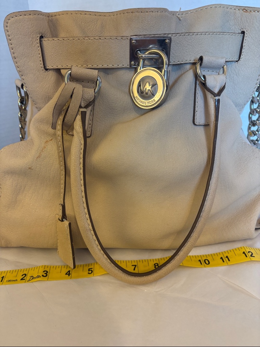 Michael Kors Beige Leather Shoulder Tote with MK Logo Lock